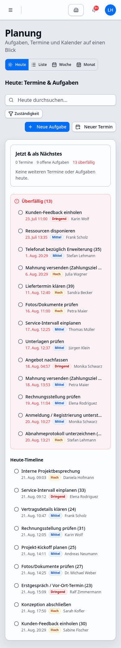 Slidinger Planung auf dem Smartphone mit Tagesübersicht